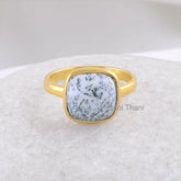 Dendritic Ring, Dendritic Agate 10x10mm Cushion Gemstone Bezel Ring, Micron Gold Plated Ring, 925 Sterling Silver Ring, Multi Color Ring